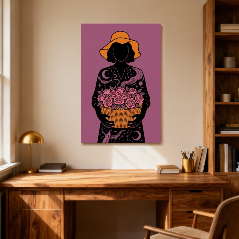 Plantes et fleurs, silhouette de femme, chapeau, panier, roses, art, H 16 po x l 24 po