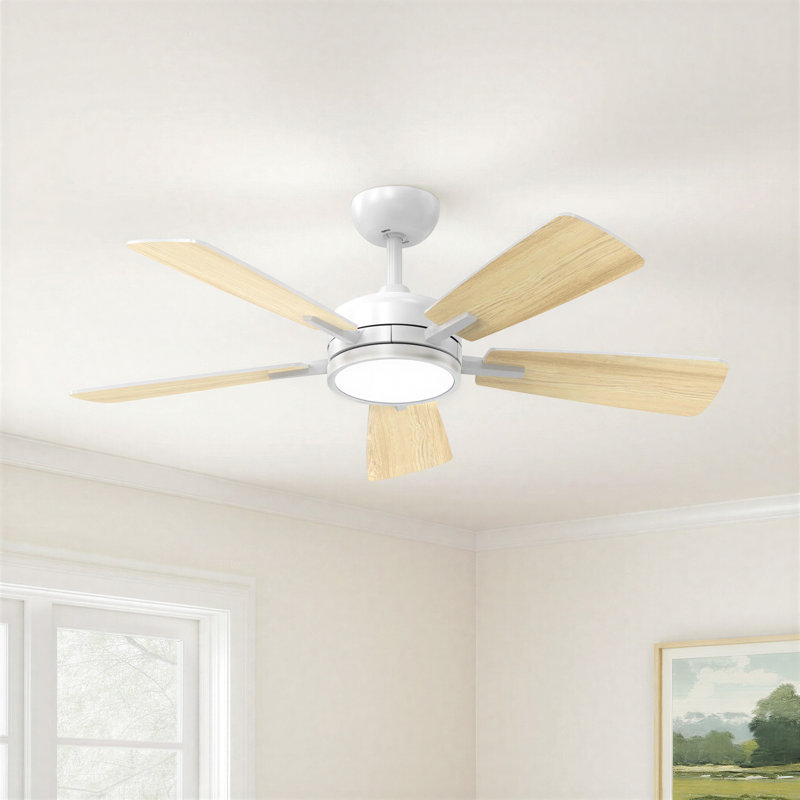 Ayan 46" W Dimmable LED Ceiling Fan, White with Oak/White Blades