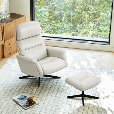 Genuine Leather Accent Chair With Adjustable Headrest & Ottoman