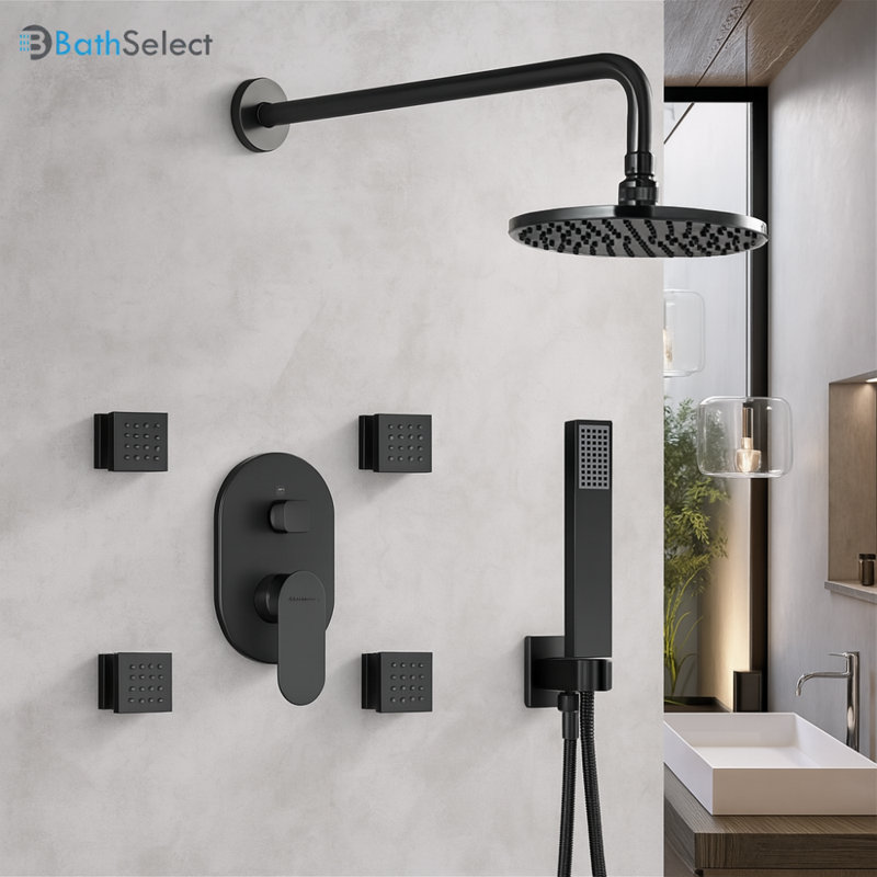  Luxury Ceiling-Mounted Concealed Thermostatic Shower System in Matte Black – Includes Rainfall Shower Head, 4 Body Jets, and Handheld Shower