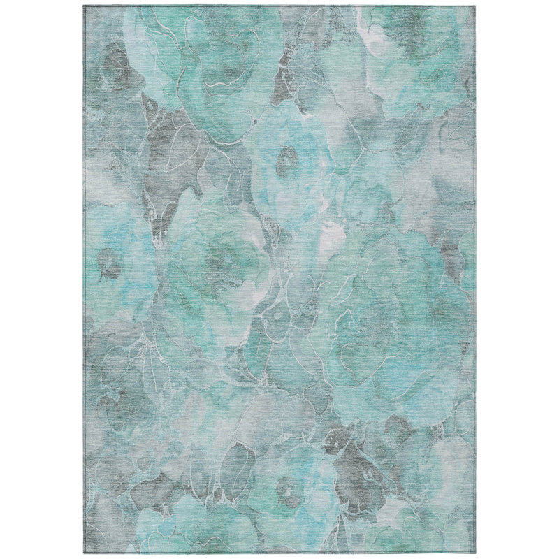 Tapis bleu sarcelle lavable à la machine intérieur / extérieur Xhevrie, Rectangle 5 pi x 7 pi 6 po