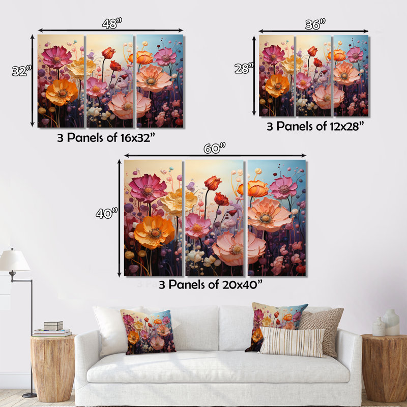 «Mauve, jaune, fleurs sauvages, fleurs éternelles sur toile», 3 pièces, H 28 po x l 36 po x P 1 po, Metal