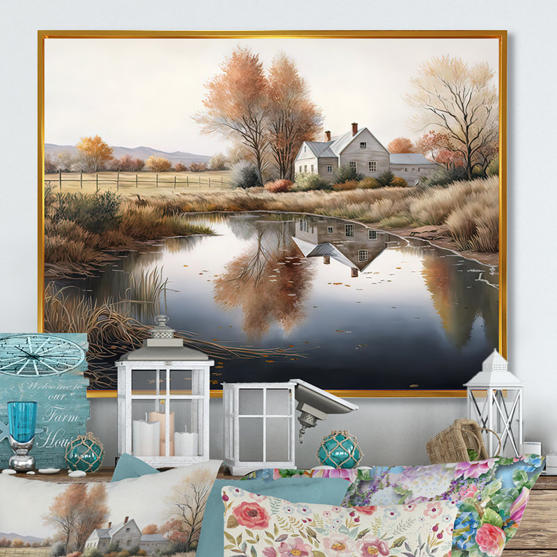«Small River To The Farm I - Barn Landscape», reproduction sur toile encadrée, H 16 po x l 32 po x P 1 po