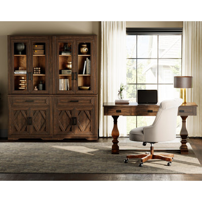 Modern Farmhouse Office Set, Vintage Desk & 73.3" Open Shelf Bookcase – Premium Home Office Shelving Units With Power Hub, Espresso