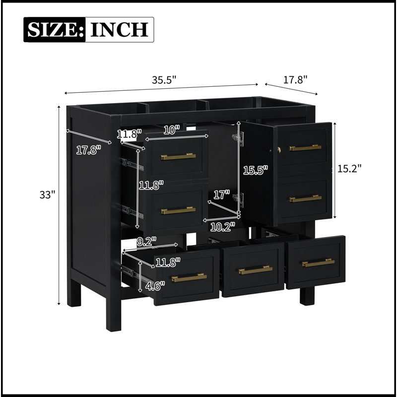 Meuble-lavabo de 36 po sans lavabo, armoire de rangement en bois massif, meuble-lavabo autoportant avec 5 tiroirs et portes à fermeture douce