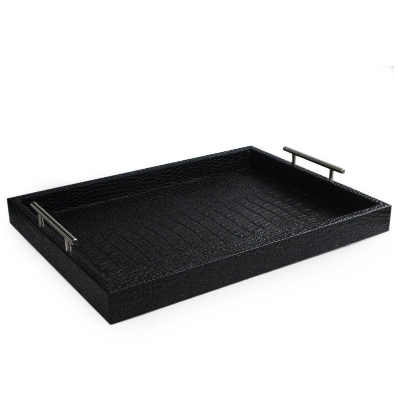 Black Faux Leather Rectangular Serving Tray with Metal Handles