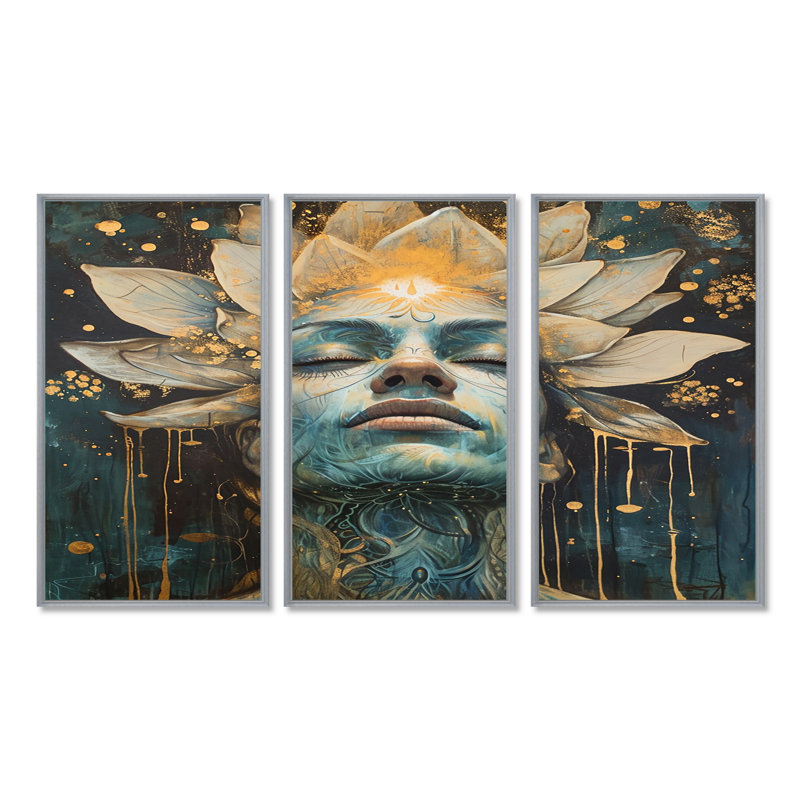 «Awakening Blue Lotus Woman», ensemble d'impressions d'art mural, Encadrement argenté, H 40 po x l 60 po x P 1 po