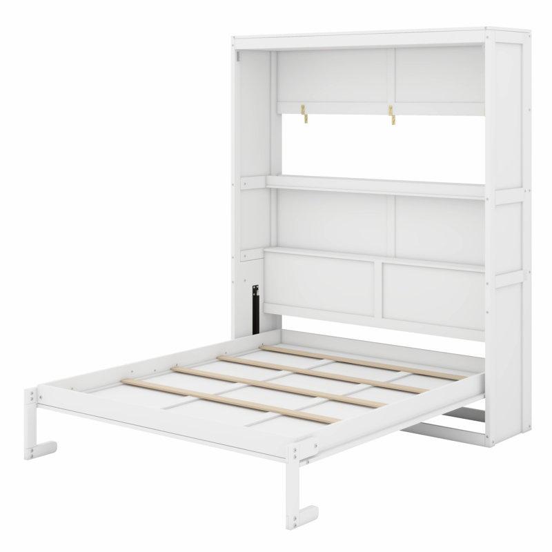 Lit escamotable robuste avec tablettes de rangement, Blanc