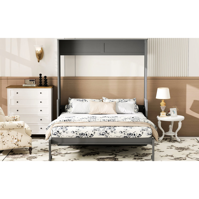 Grand lit avec bureau, gris, lumières à DEL, charge, mur peu encombrant pour le bureau à domicile, lattes de qualité, double titre de piston