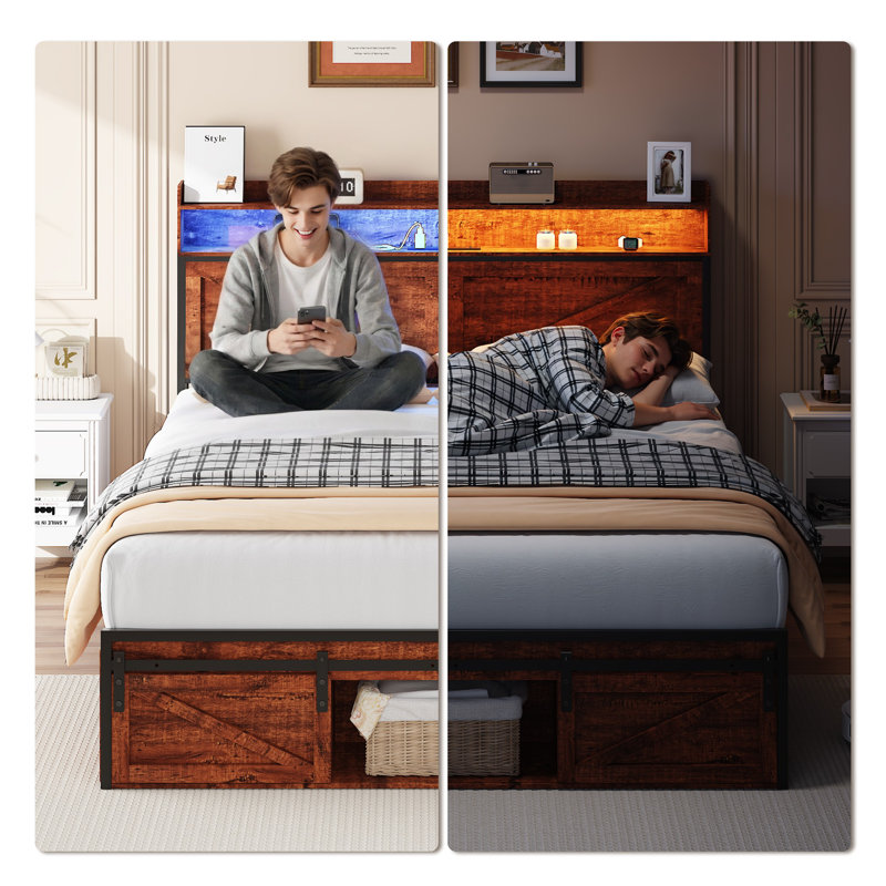 Base de lit double avec tête et pied de lit avec rangement, cadre de lit à DEL avec station de charge, lit plateforme en métal sans bruit avec support à lattes robuste - aucun sommier nécessaire, brun