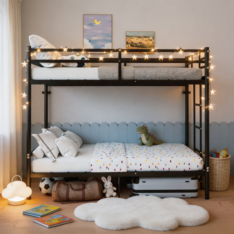 Lits superposés métalliques gain de place avec échelle et barrière de sécurité, deux lits simples superposés, style moderne