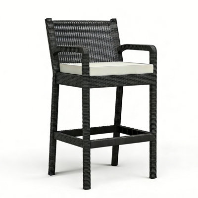 Tabourets de bar en osier résistants aux intempéries - Chaises de bar avec coussins, accoudoirs et repose-pieds - idéales pour la cour, le jardin, la piscine, la terrasse et le balcon - noir