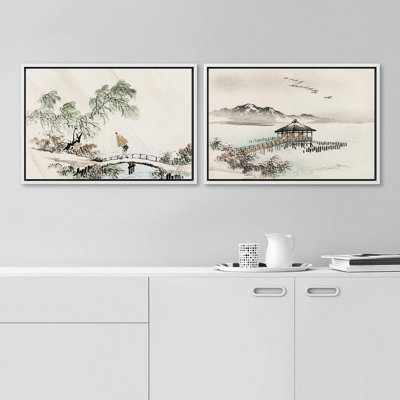 Paysage abstrait "Peinture à l'encre, arbres du lac Lanadscape", 2 pièces