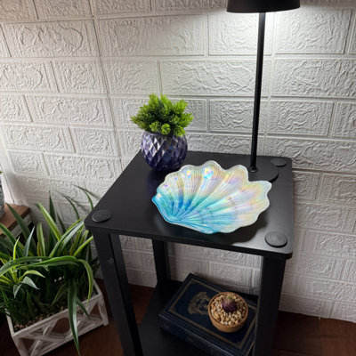 Coastal iridescent blue, teal, and white glass scallop shell decorative plate, 7.75 inches wide