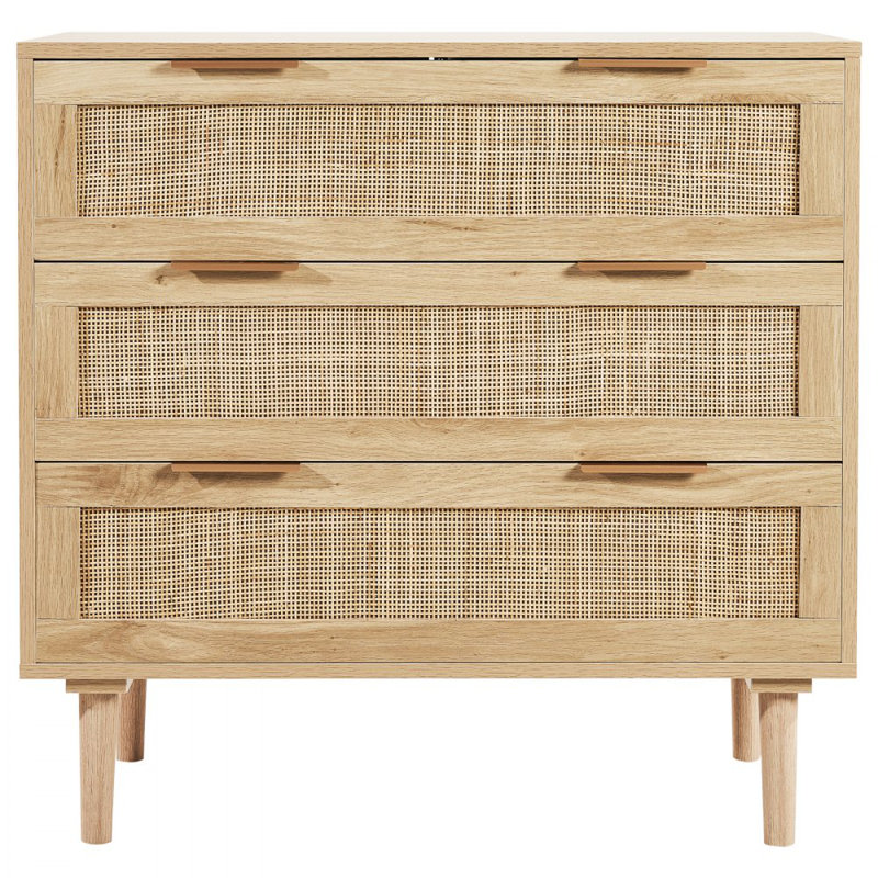 3 Drawer Rattan Dresser, Boho Dresser, Rattan Chest of Drawers with Spacious Storage, Natural Rattan Dresser for Bedroom, Living Room & Hallway,Rattan Nightstand with Sturdy Handles&Legs, Natural Wood