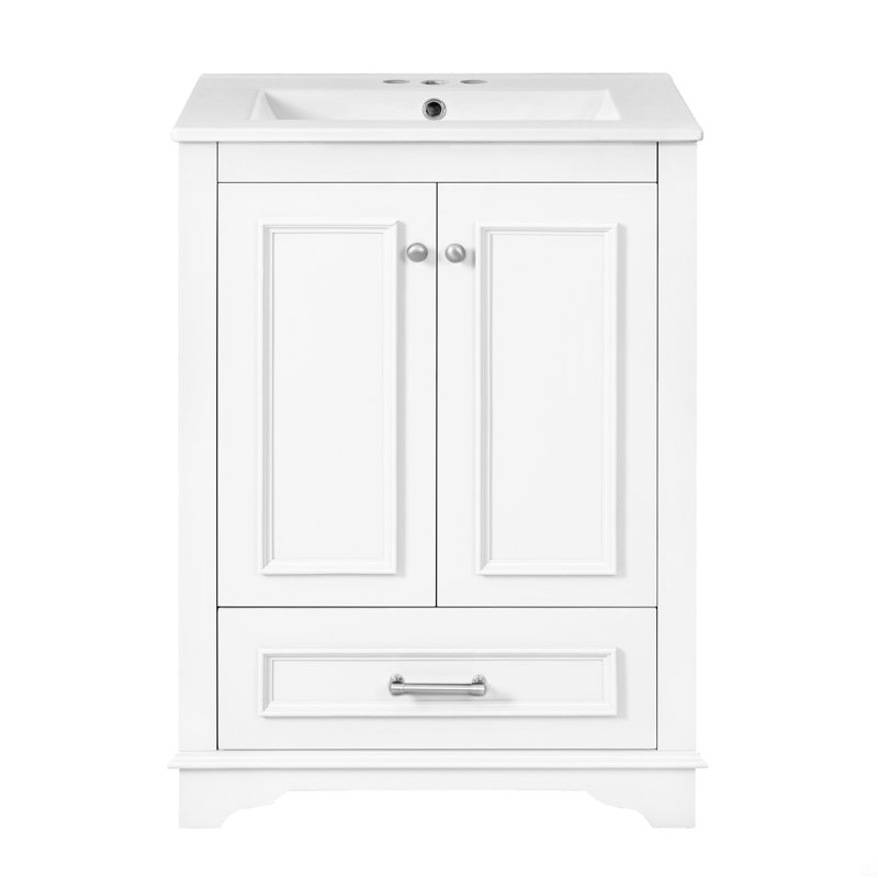 Meuble-lavabo autoportant de 24 po avec lavabo en céramique, poignées argentées, portes à fermeture douce, Argent argent, 24"