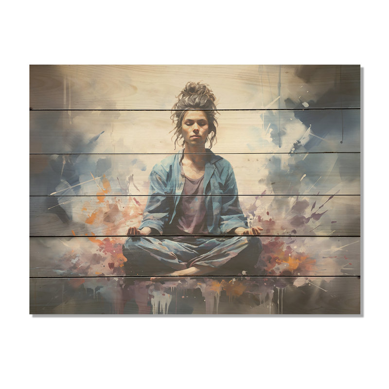 «Blue Yoga Pranayama Breath», art mural en bois de yoga sur bois de pin naturel, H 10 po x l 20 po
