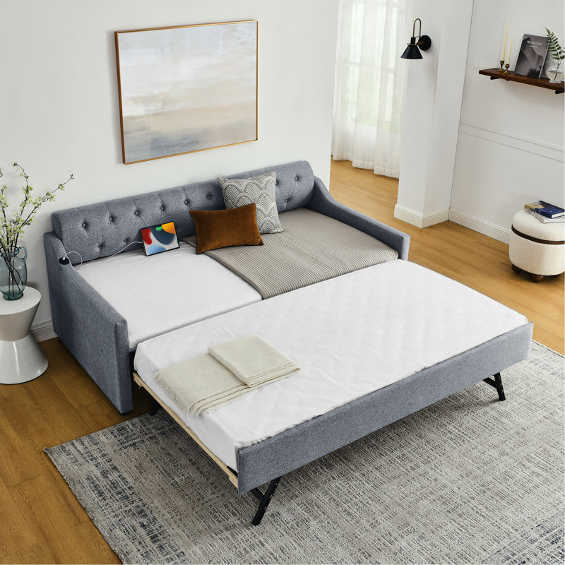 Lit de jour simple rembourré avec lit gigogne simple et charge USB, gris lin