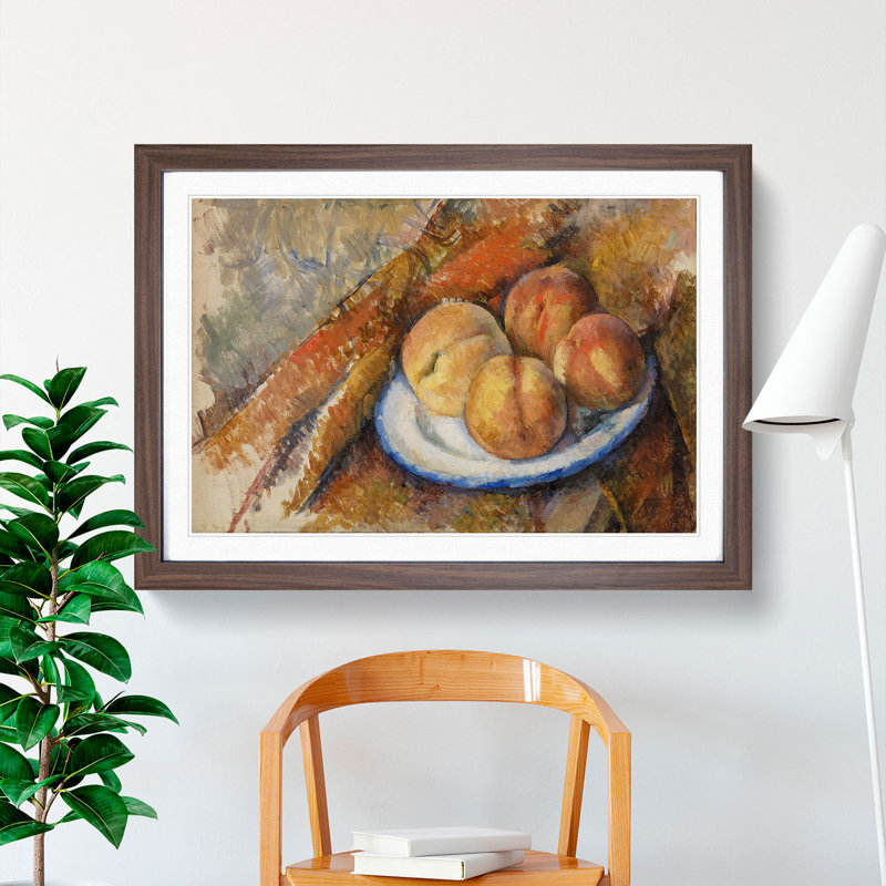 Four Peaches on a Plate by Paul Cezanne - Picture Frame Painting, 48cm H x 65cm W x 2cm D, Walnut Framed