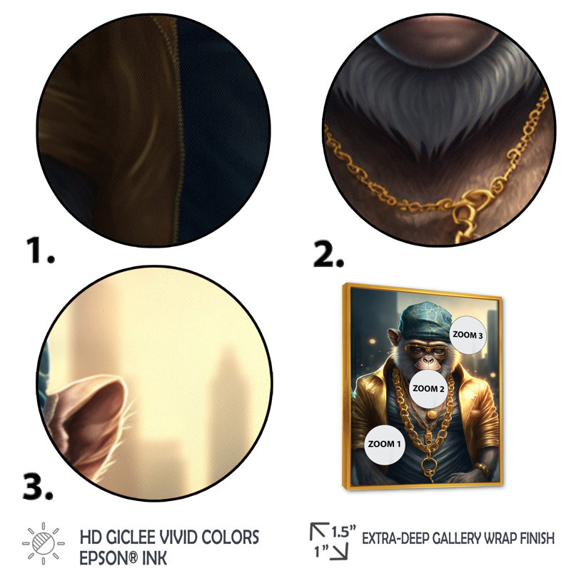 Monkey Gangster in NYC I - Impression sur toile, H 20 po x l 12 po x P 1 po, Toile avec cadre flottant or