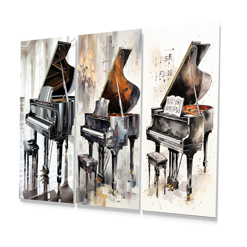 Midnight Black Piano Tranquility I - Music Metal Prints Set Of 3, 28" H x 36" W