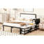 Lit plateforme élégant en métal avec revêtement doux et rangement dissimulé, espace de repos rembourré noir moderne-786341228-786341230