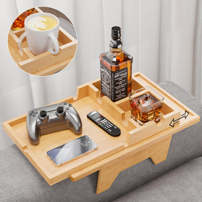 Bamboo Couch Arm Tray Table, Foldable Sofa Armrest Tray Table For Couch