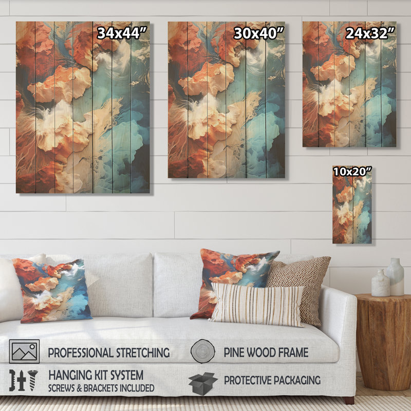 Vue aérienne de la plage rocheuse bleue et orange III - plage sur bois, H 40 po x l 30 po