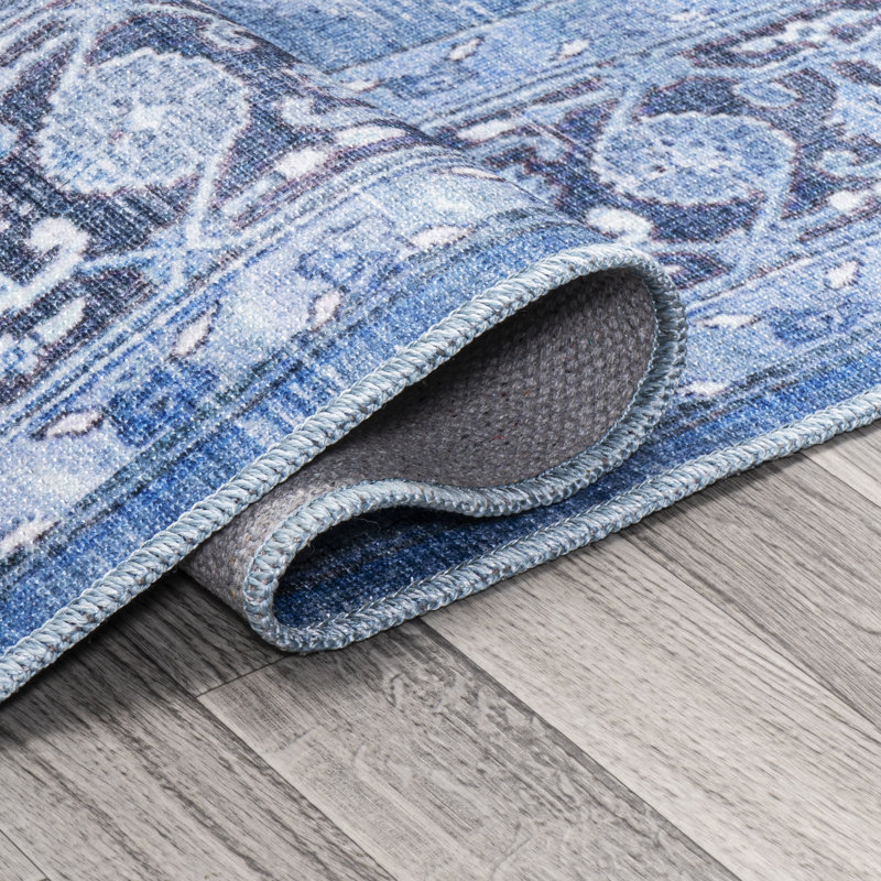 Abhirami Ornate Medallion Machine-Washable Blue/Navy Rug, Rectangle 2'11" x 5'
