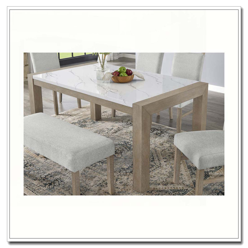 Tabitha 66"W Rectangular White Faux Marble Top Dining Table in Light Oak Finish