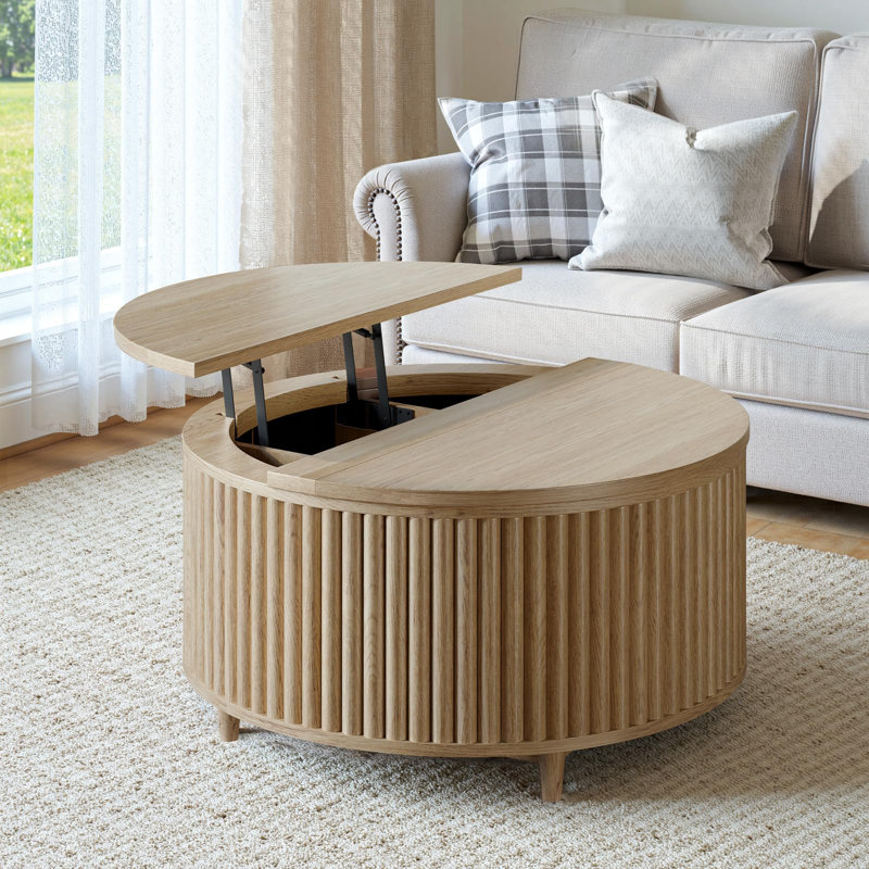 31.5'' Round Coffee Table, Fluted Lift Top Coffee Table With Large Storage, Mid Century Modern Small Center Table For Living Room