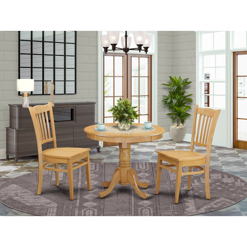 3 Piece Kitchen Table & Chairs Set Contains a Round Dining Room Table with Pedestal and 2 Dining Chairs, Oak , Oak