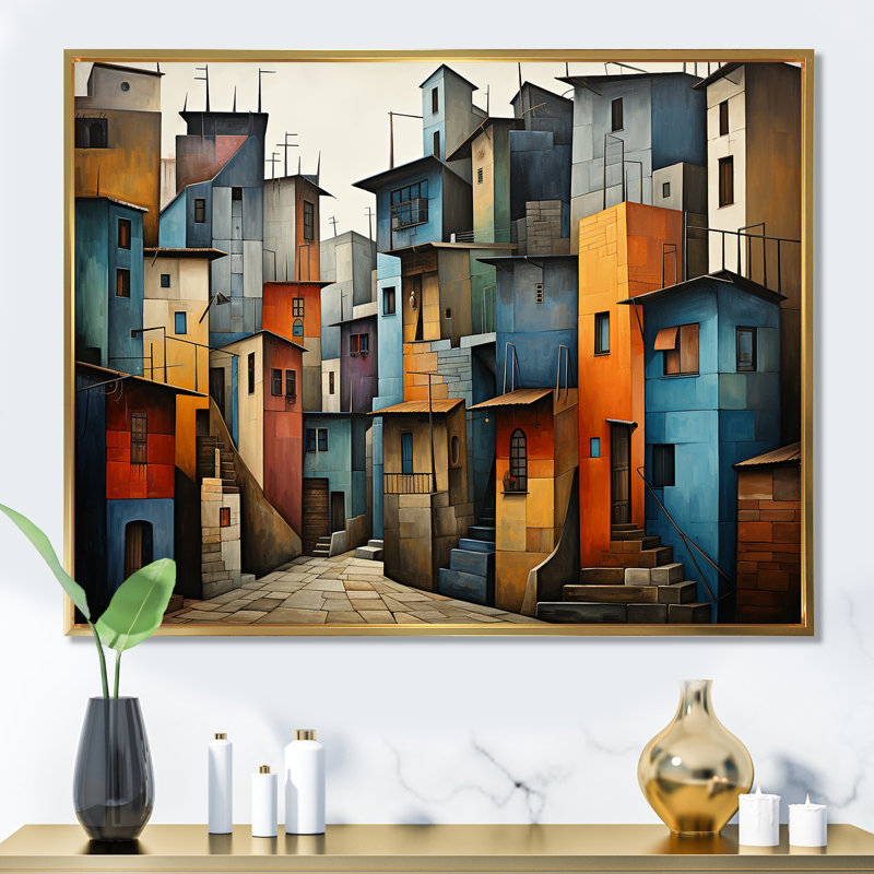 «Cubist Urbanism Horizon», reproduction sur toile, Cadre flottant doré, H 34 po x l 44 po x P 1,5 po