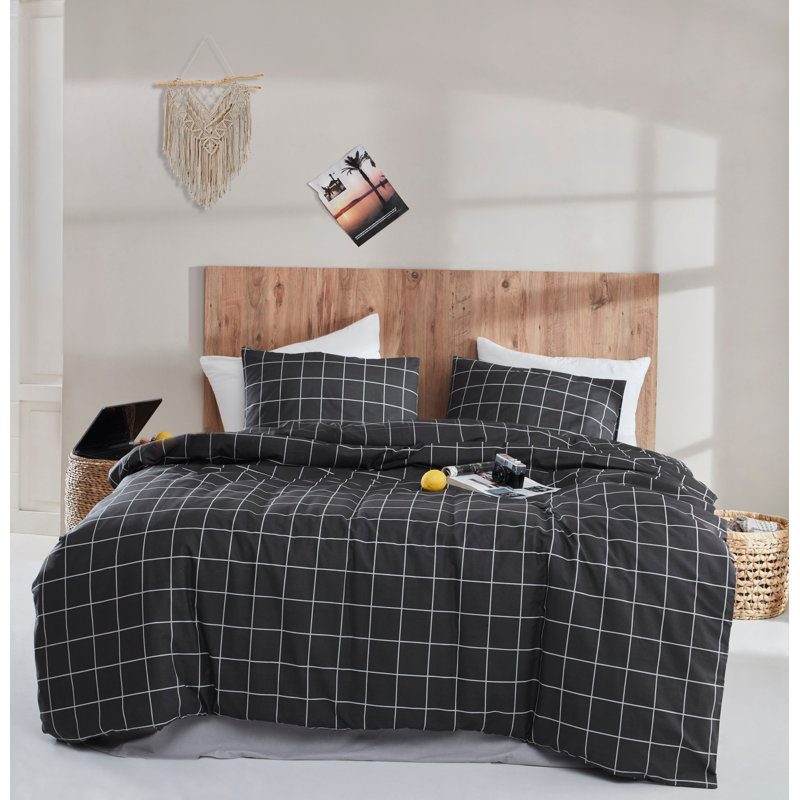 Ensemble de housse de couette 100% coton Foulks, Housse de couette double + 2 taies d'oreiller stan, Noir / gris