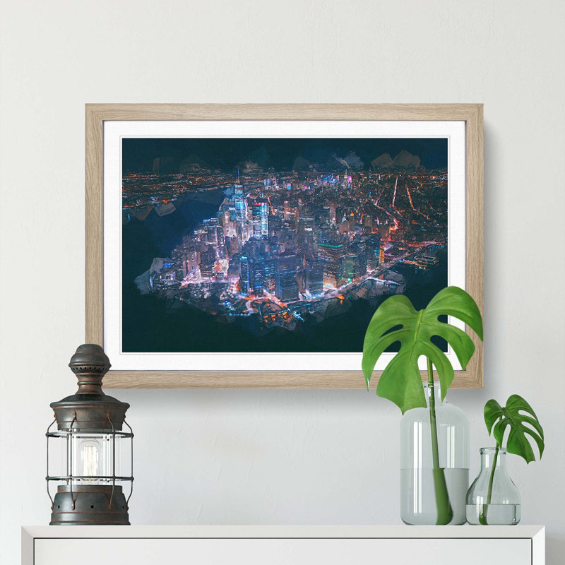 The Lights of New York City in Abstract - Picture Frame Graphic Art Print, 27cm H x 36cm W x 2cm D, Oak Framed