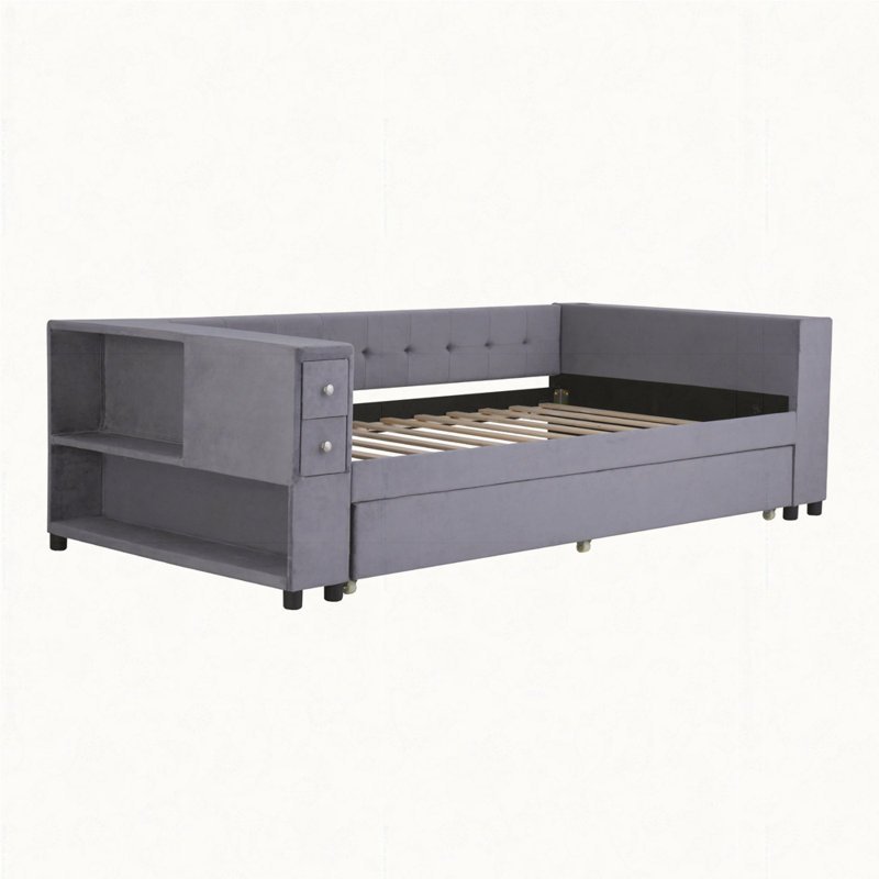Lit simple tapissier avec rangement et lit gigogne simple, ports de chargement USB, gris