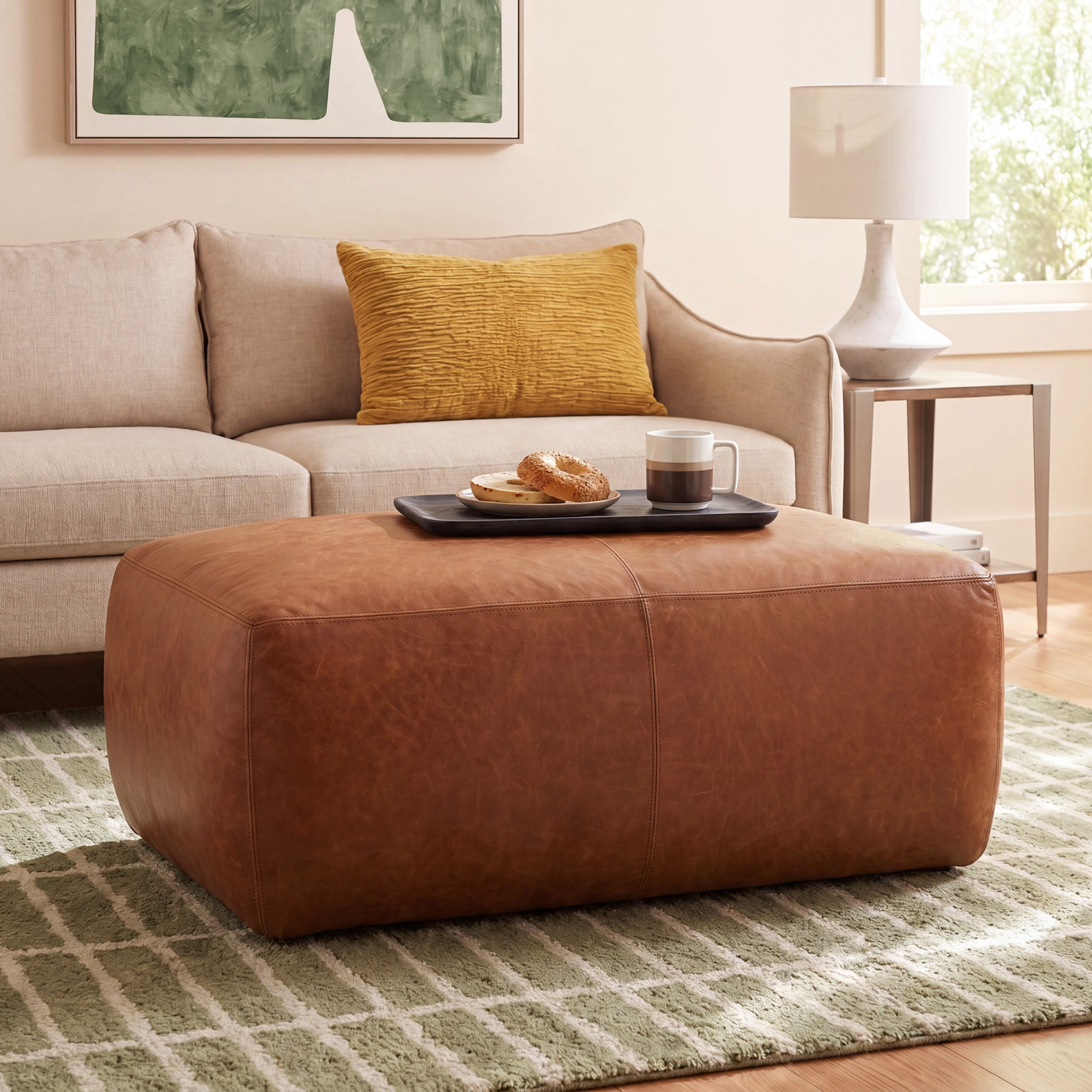 Edgemod Denver 43" Genuine Leather Ottoman, Cognac Tan