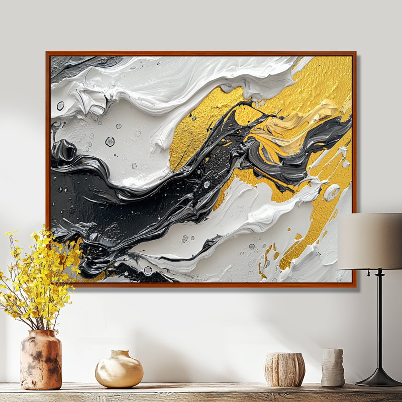 Figurine Ontra noir et jaune en couleur II - art néo-expressionniste, H 24 po x l 32 po, Impression encadrée flottante, Brun