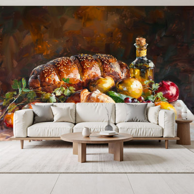 Peel and Stick Wallpaper Food Fruit Dining Brown Various Fruit Table Picture Print Living Room Wall Murals 69"H x 96"W Removable PVC Wall Paper Self-Adhesive Wall Decor for Bedroom Living Room Home Office