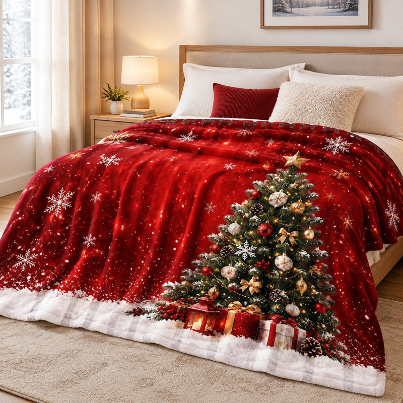Cozy Christmas Tree Snowflake Blanket, Festive Winter Holiday Plush Throw for Sofa Couch Bedroom Living Room Home Decoration