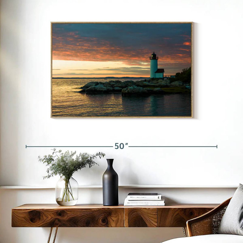 Coucher de soleil sur le phare d'Annisquam, Cadre flottant en bois naturel, 37 po x 25 po