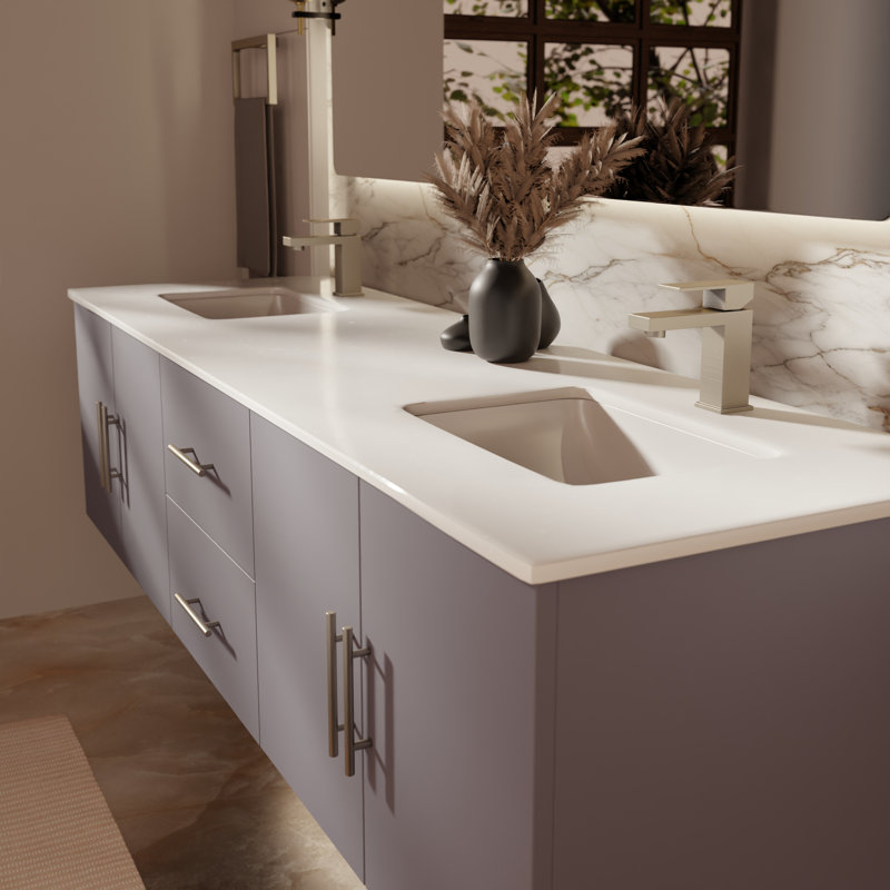 Geneva 72" Wall-Mounted Double Bathroom Vanity Set, Dark Gray, White Cultured Marble