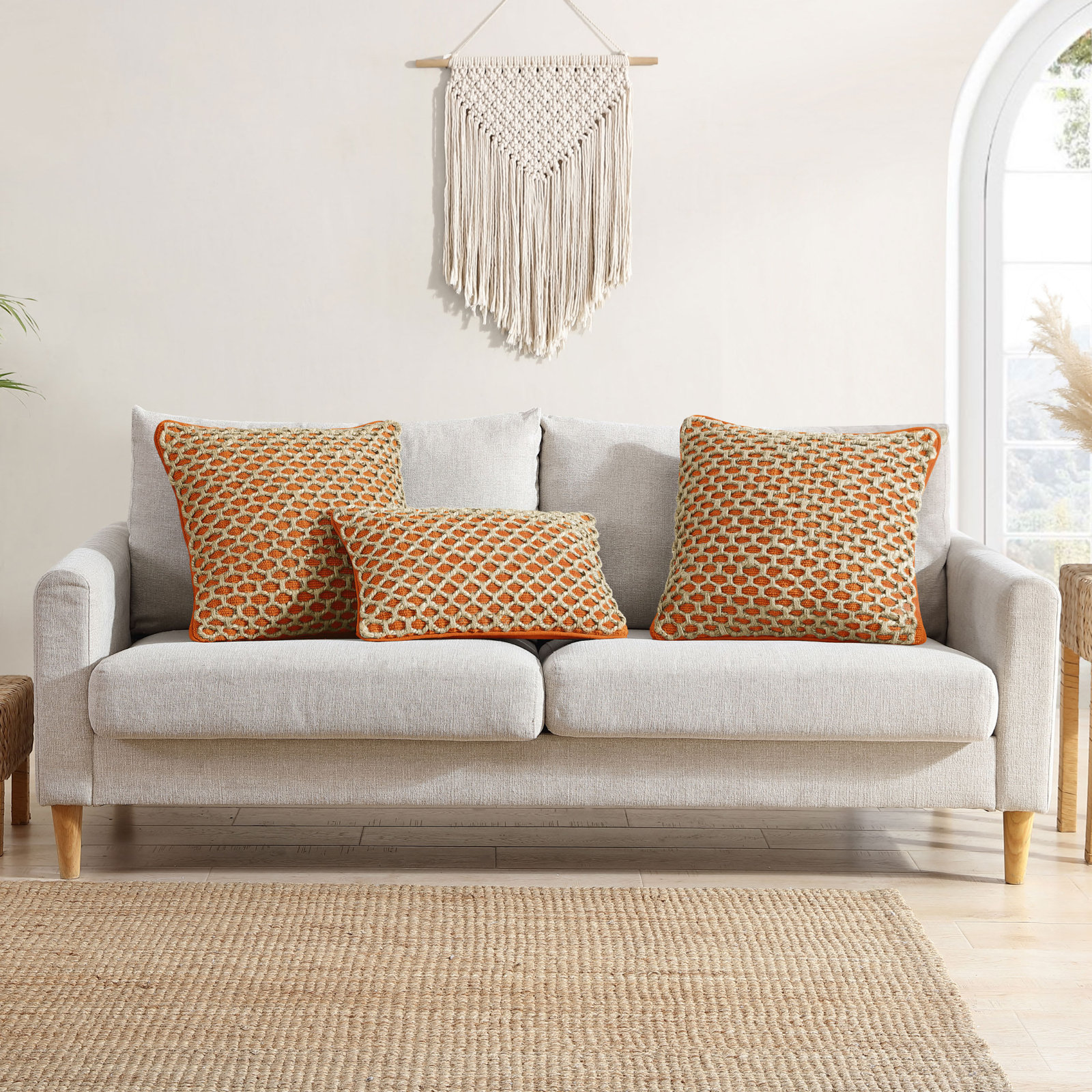 Ablo Textured Cotton Throw Pillow, Rectangular 12"H x 20"W, Orange/Natural
