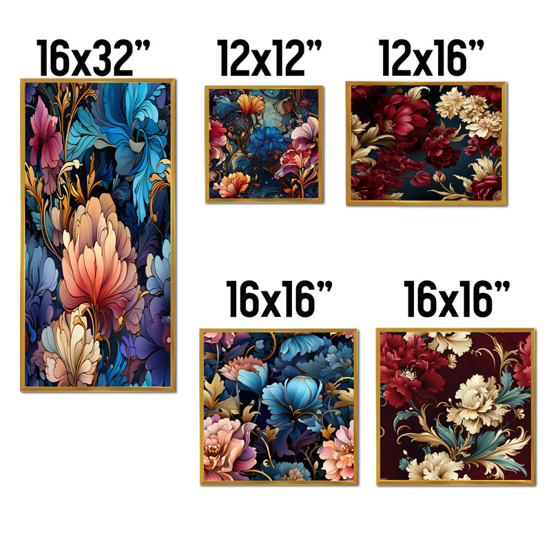 Kaleen - Ensemble de 5 impressions sur toile florales, Cadre flottant doré