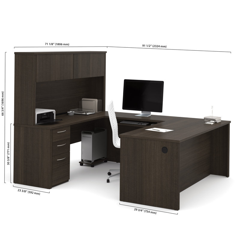 Bureau en U avec huche réversible Opérle, Chocolat noir