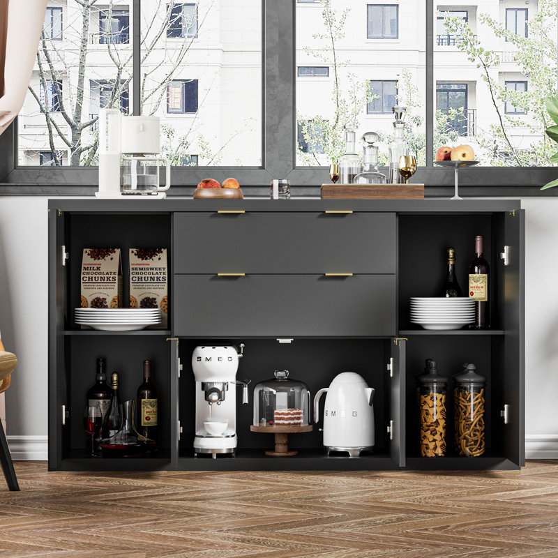 Buffet Abrianna de 56 po avec 2 tiroirs, armoires de rangement et table réglable, Noir