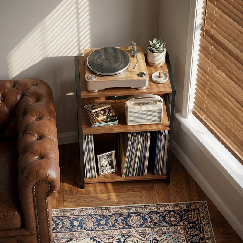 65cm H Record Player Stand with Charging Station, Brown