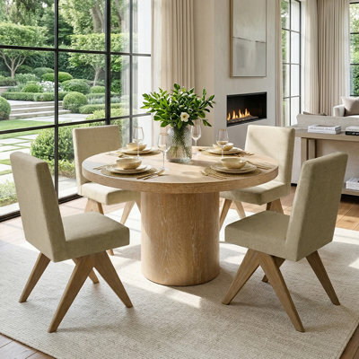 4 - Person Dining Table Sets With Solid Wood Round Table & 4 Upholstered Chairs