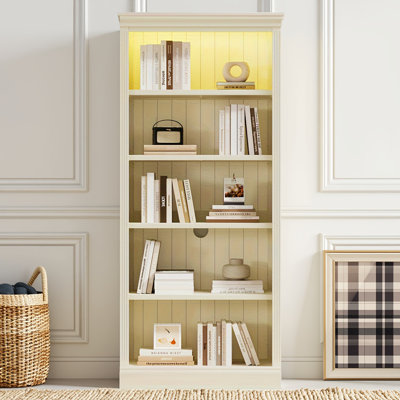 Suite de bibliothèque 83 po à 5 niveaux de 83 po - Organisateur de rangement autoportant avec bande lumineuse à DEL et tablettes réglables (beige et jaune)