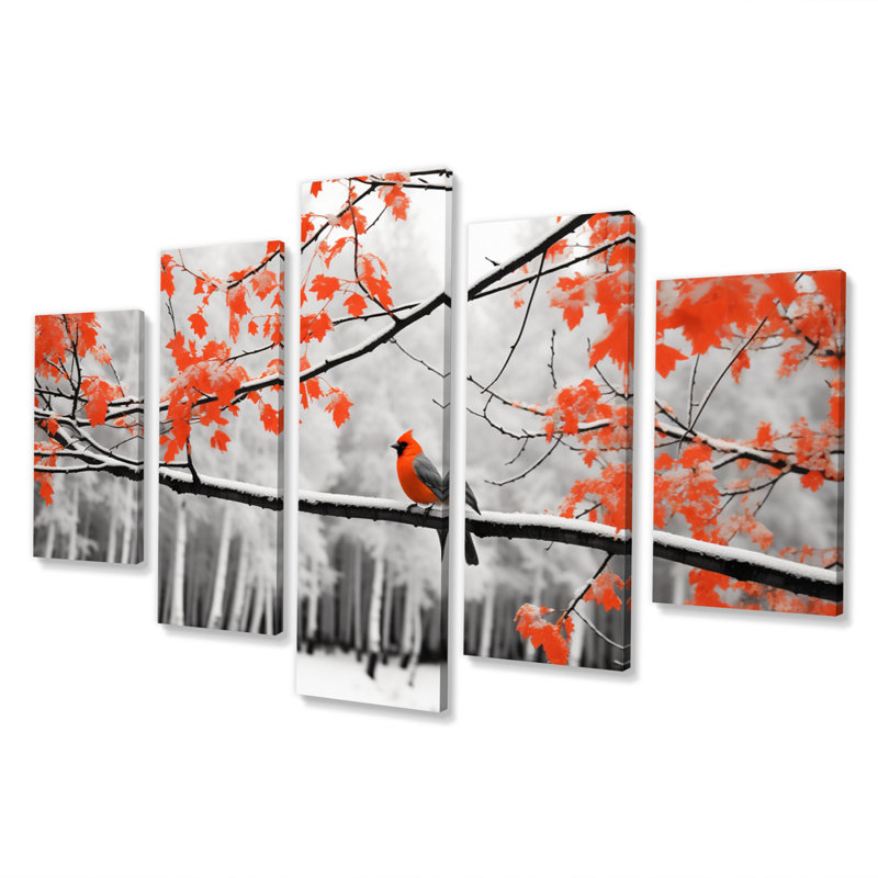 Oiseau monochrome rouge et gris en forêt III 5 pièces